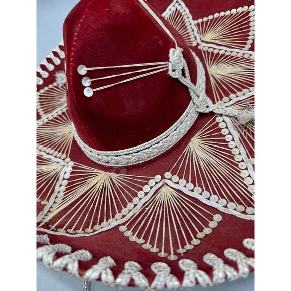 piggalle salazar Red Velvet Sombrero hat Intricate White Embroidery Tassel XL - Picture 7 of 13